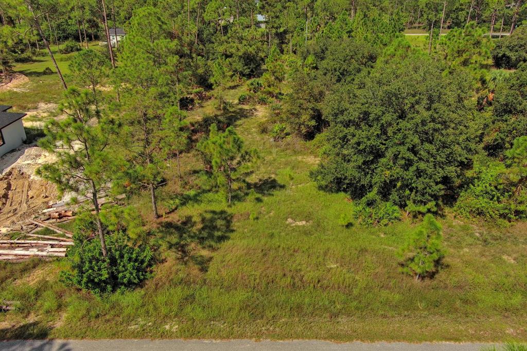An aerial view shows a vacant, grassy lot with scattered trees and nearby construction — 1219 WASHINGTON AVENUE, LEHIGH ACRES, FL