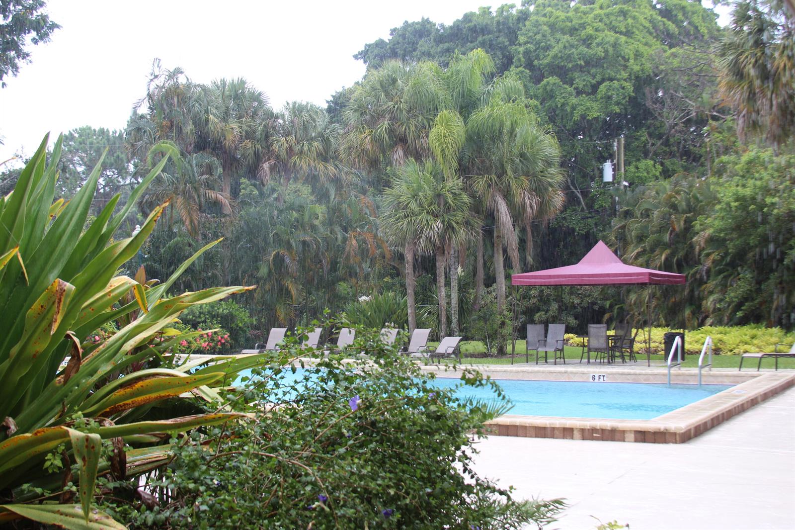 A swimming pool with a red canopy and lounge chairs sits in a lush garden — 7705 Forest Green Lane, Boynton Beach FL 33436, BOYNTON BEACH, FL