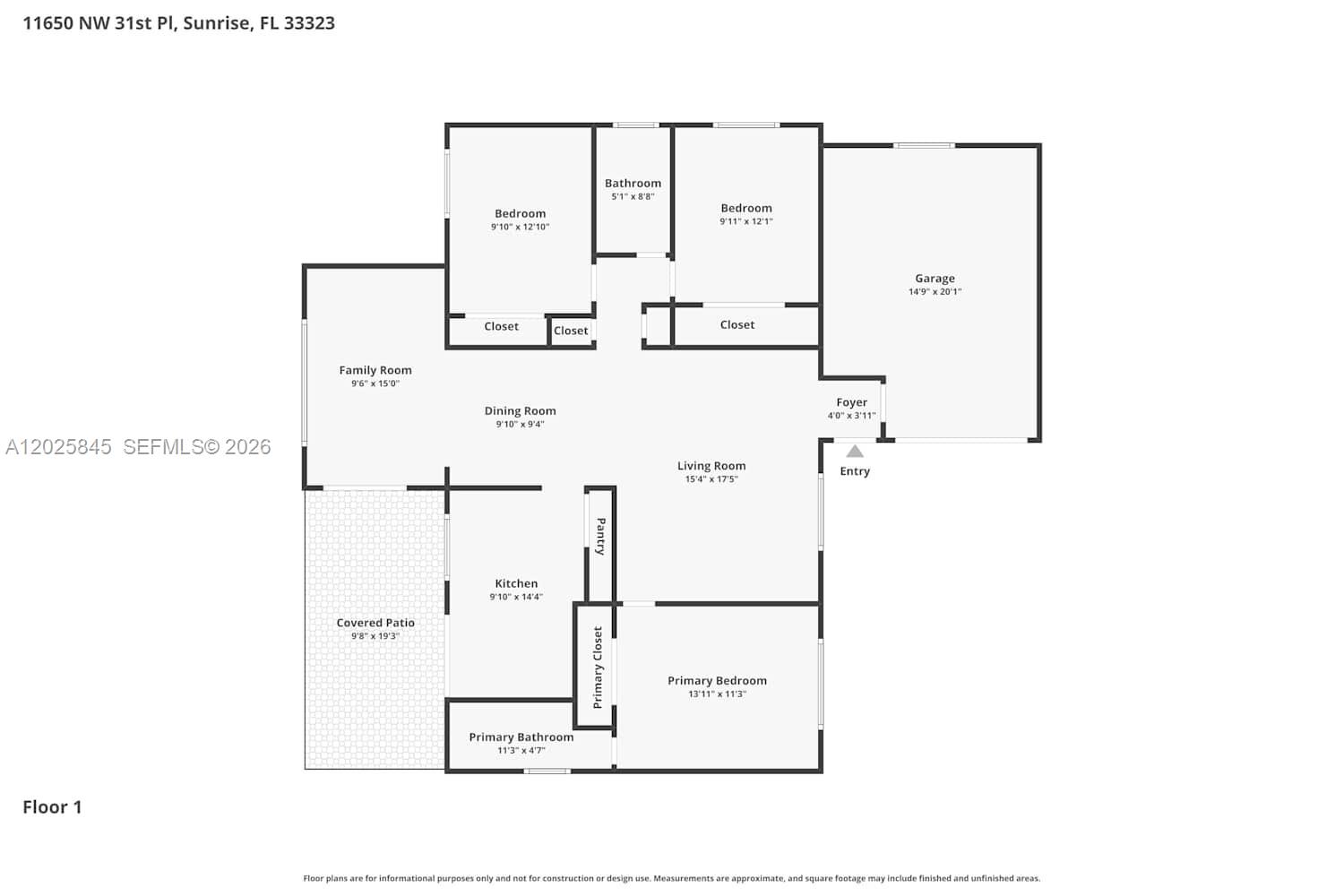 This is a floor plan for a single-story house with a garage and covered patio — SUNRISE, FL