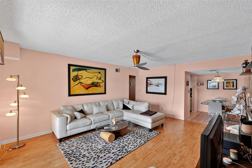 A living room with a white sectional sofa, patterned rug, and peach-colored walls — 5541 BAY BOULEVARD UNIT 203, PORT RICHEY, FL