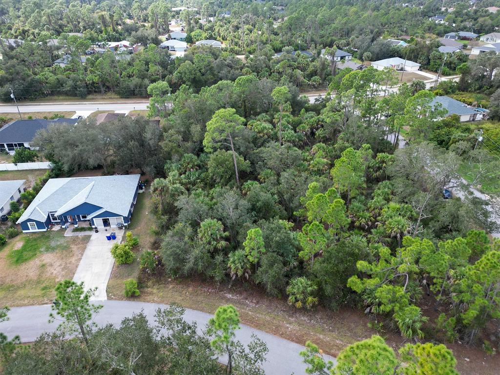 An aerial view shows a blue house next to a large, wooded vacant lot — FELIX AVENUE, NORTH PORT, FL