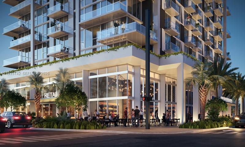 This is a rendering of a modern high-rise building with ground-floor retail and outdoor seating — 601 N Miami Ave # 1607, Miami FL 33132, MIAMI, FL