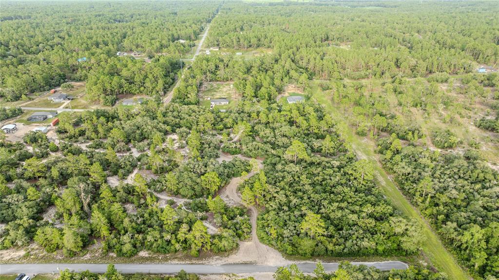 An aerial view shows a wooded lot with a dirt driveway and scattered houses nearby — 00 SW AZALEA, DUNNELLON, FL