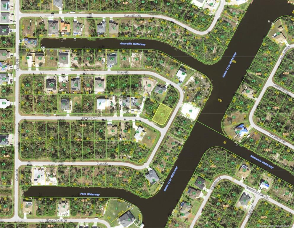 This is a satellite map showing residential lots, streets, and waterways in a suburban neighborhood — 13236 KAKAPO AVENUE, PORT CHARLOTTE, FL