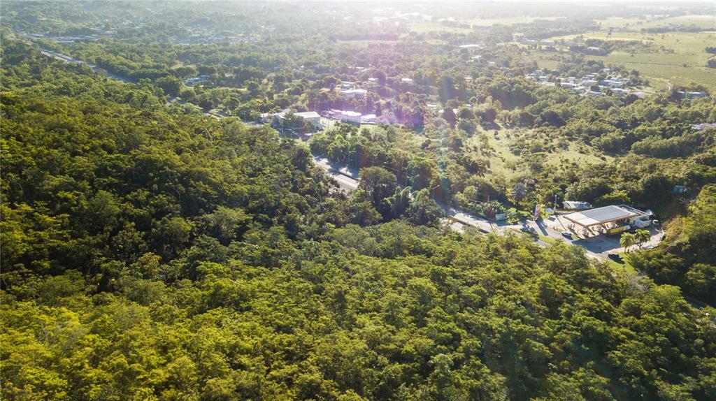 An aerial view shows a gas station situated near a dense forest and residential area — 100 PUERTO RICO, CABO ROJO, PR