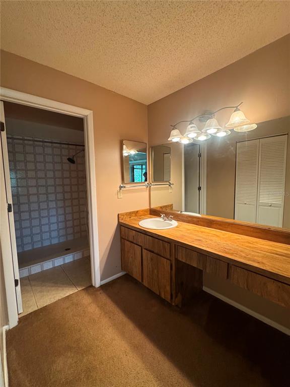 A bathroom features a wooden vanity, a large mirror, and a walk-in shower — 5359 VINELAND ROAD UNIT 2E, ORLANDO, FL