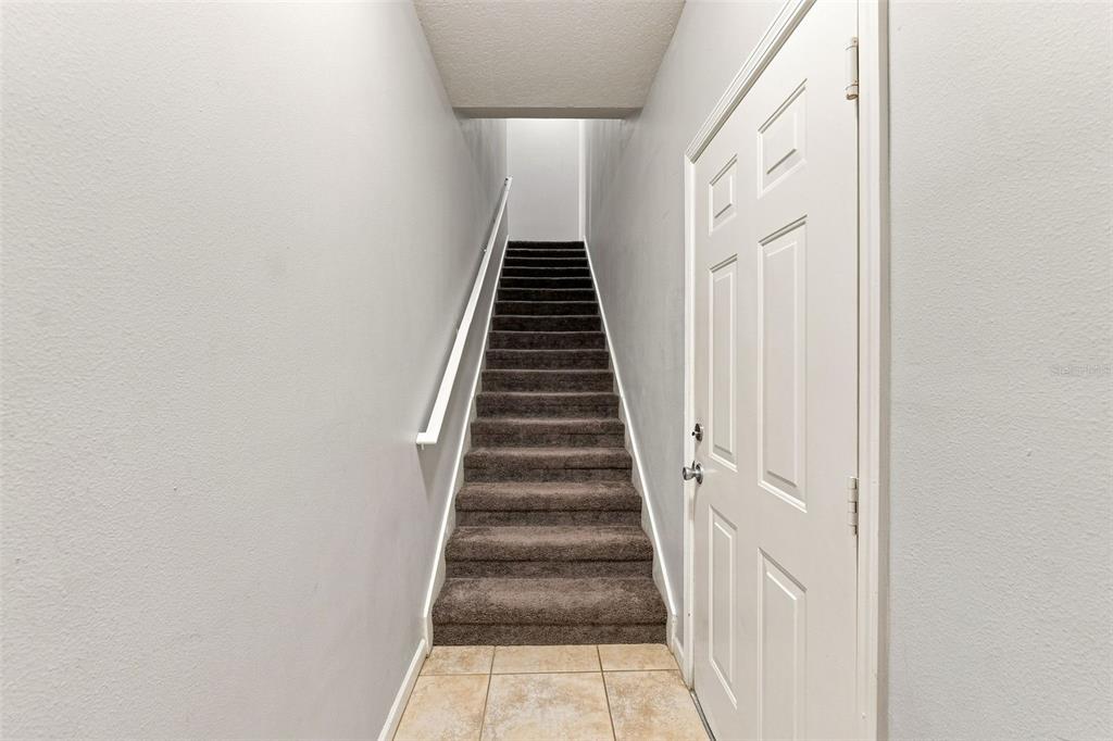 A staircase with dark carpet leads upward between light gray walls and a white door — 10436 VILLA VIEW CIRCLE, TAMPA, FL