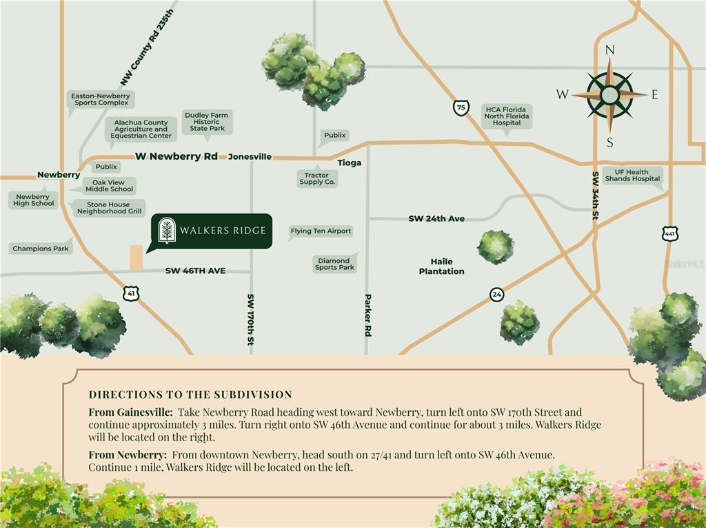 This is a map showing the location of the Walkers Ridge subdivision and surrounding landmarks — 0000 SW 46TH AVENUE, NEWBERRY, FL