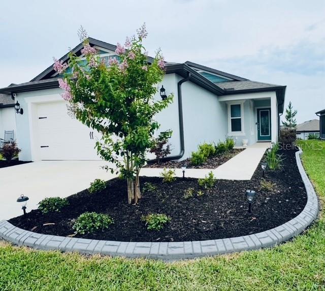 A light blue house features a landscaped front yard with a flowering tree and mulch — 8344 SW 54TH LOOP, OCALA, FL