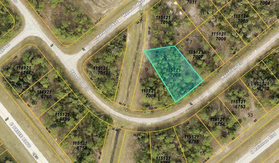 This is a map showing a highlighted vacant lot in a residential neighborhood — 08 MANSFIELD CIRCLE, NORTH PORT, FL
