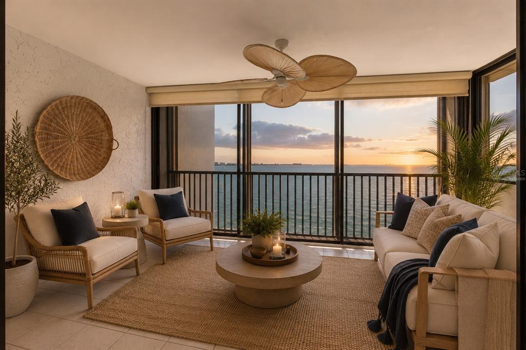 A sunroom features a sofa, two chairs, a round coffee table, and a waterfront sunset view — 101 SUNSET DRIVE UNIT PH1, SARASOTA, FL