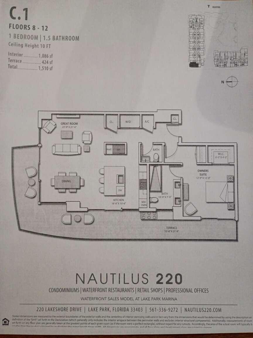 This floor plan shows a one-bedroom, 1.5-bathroom condominium unit with a large private terrace — 220 Lake Shore Drive # 823, FL 33403, FL