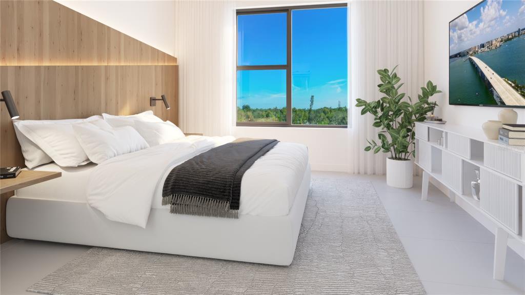 This is a rendering of a modern bedroom featuring a wood-paneled headboard and large window — 4950 REMINGTON DRIVE UNIT 302, SARASOTA, FL