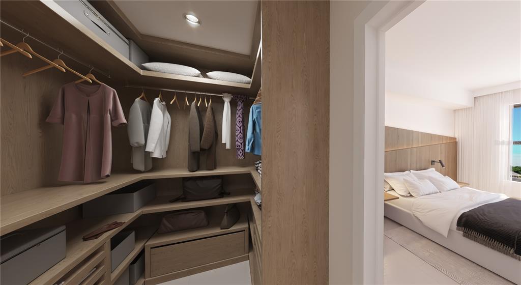 This rendering shows a walk-in closet with wood shelving and hanging rods adjacent to a bedroom — 4950 REMINGTON DRIVE UNIT 302, SARASOTA, FL