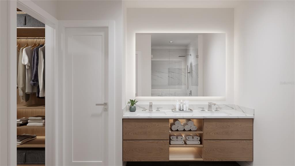 This rendering shows a modern bathroom vanity with a double sink and an adjacent closet — 4950 REMINGTON DRIVE UNIT 302, SARASOTA, FL