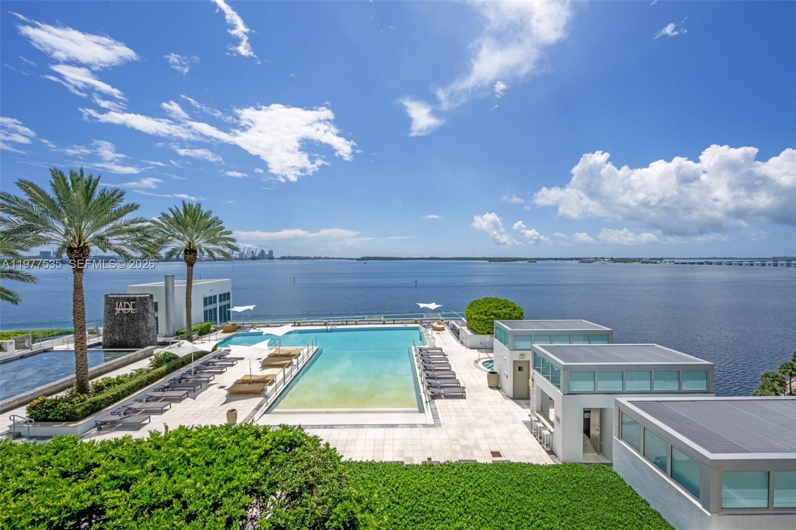 An elevated view of a waterfront swimming pool deck with lounge chairs and palm trees — 1331 Brickell Bay Dr # 911, Miami FL 33131, MIAMI, FL