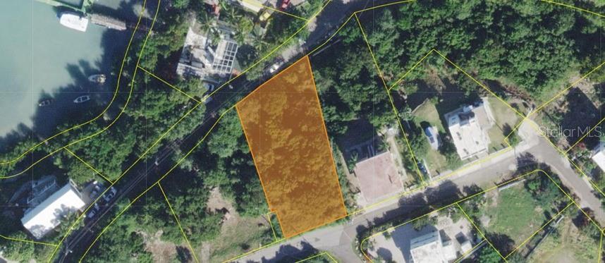 An aerial view shows a highlighted vacant lot situated between two paved roads — SAN JACINTO, GUANICA, PR