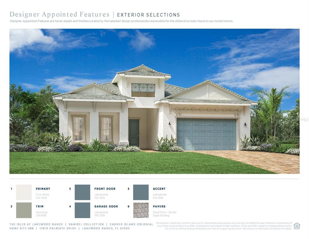 A digital rendering of a single-story suburban home with a light-colored stucco exterior — 17610 PALMISTE DRIVE, BRADENTON, FL