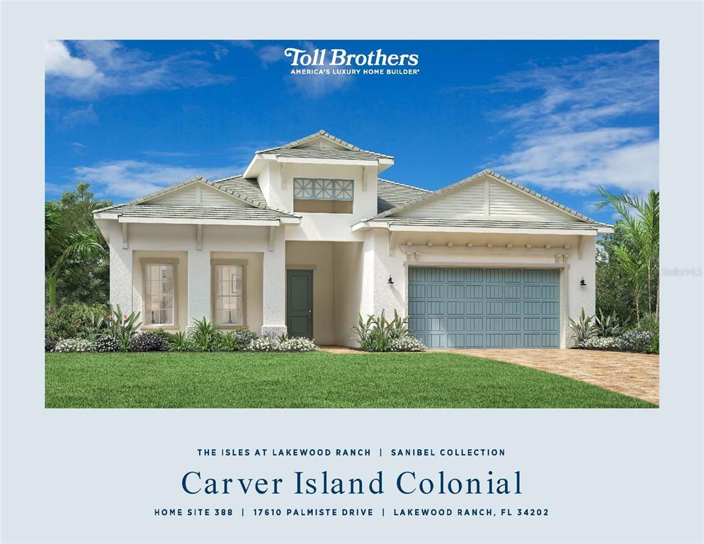 This is a digital rendering of a single-story suburban house with a two-car garage — 17610 PALMISTE DRIVE, BRADENTON, FL