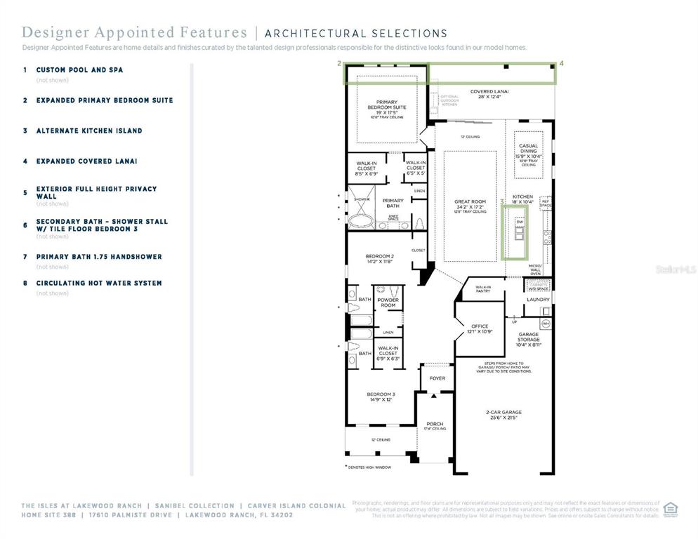 This is a floor plan for a single-story home with three bedrooms and a garage — 17610 PALMISTE DRIVE, BRADENTON, FL