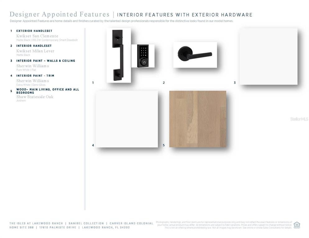 This image displays a selection of interior finishes including hardware, paint colors, and wood flooring — 17610 PALMISTE DRIVE, BRADENTON, FL