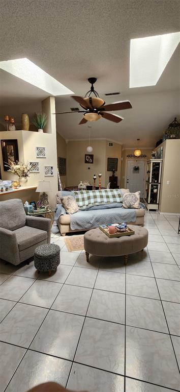 A living room features tile flooring, a ceiling fan, skylights, and a sofa with a plaid throw — 2870 IDLEWEISE DRIVE, DELTONA, FL