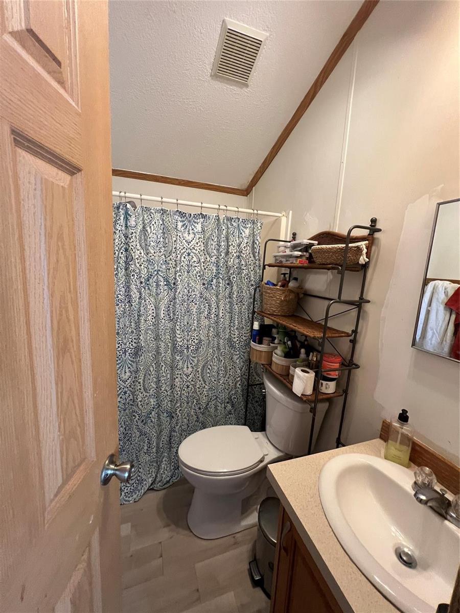 A bathroom features a vanity, a toilet with a metal storage rack, and a shower curtain — 6445 SE 51st Street, Okeechobee FL 34974, OKEECHOBEE, FL