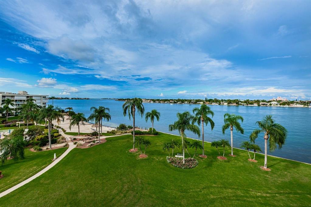 A grassy lawn with palm trees overlooks a bay with a sandy beach and buildings — 6001 BAHIA DEL MAR CIRCLE UNIT 527, ST PETERSBURG, FL
