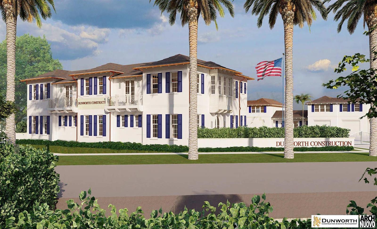 This architectural rendering shows a two-story white building with blue shutters and palm trees — 12220 S Dixie Highway, Hobe Sound FL 33455, HOBE SOUND, FL