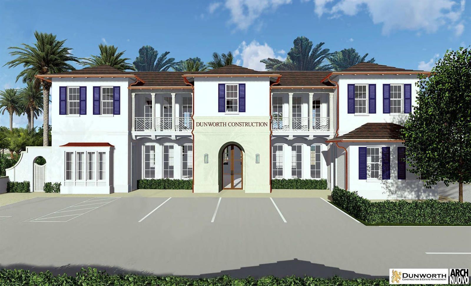 A digital architectural rendering of a two-story white building with blue shutters and palm trees — 12220 S Dixie Highway, Hobe Sound FL 33455, HOBE SOUND, FL