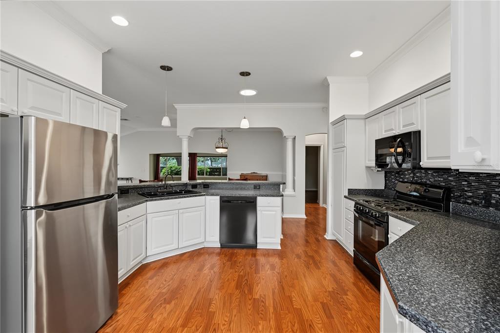 A kitchen with white cabinets, dark granite countertops, stainless steel appliances, and hardwood flooring — 556 KINGSTON WAY, THE VILLAGES, FL