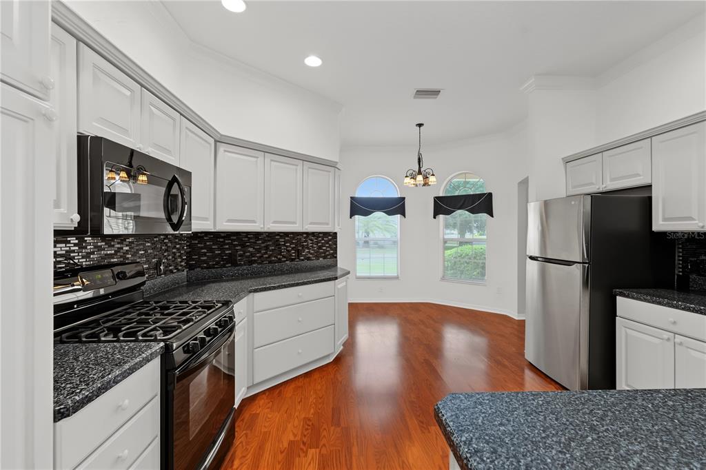 A kitchen features white cabinets, dark granite countertops, stainless steel appliances, and hardwood flooring — 556 KINGSTON WAY, THE VILLAGES, FL