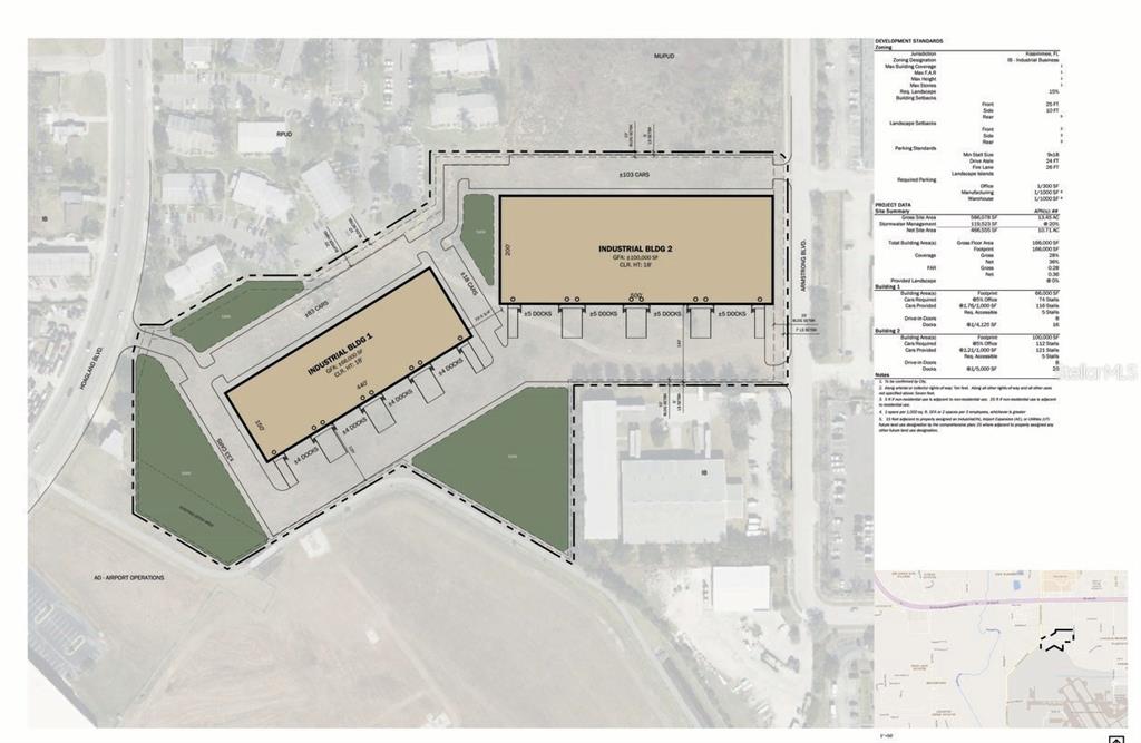 This site plan rendering shows two proposed industrial buildings with parking and loading docks — 0 ARMSTRONG BOULEVARD, KISSIMMEE, FL