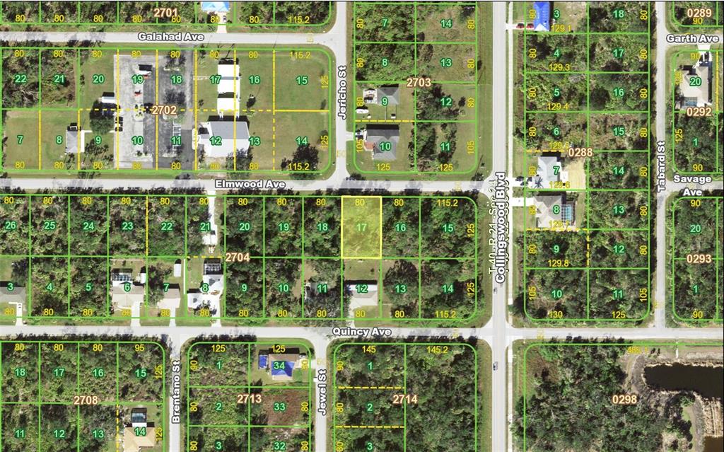 This is a satellite map showing residential lots and streets in a suburban neighborhood — 17517 ELMWOOD AVENUE, PORT CHARLOTTE, FL