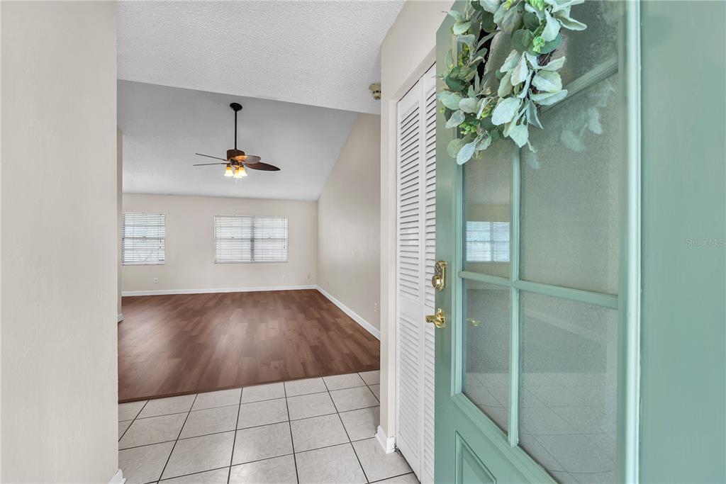 A view from an entryway with a green door into a living room with wood flooring — 3619 ORANGEPOINTE ROAD, VALRICO, FL