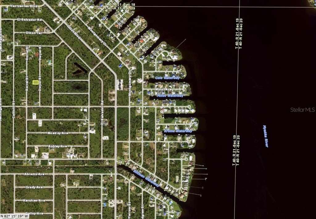 This is an aerial map showing a residential neighborhood along the Myakka River — 3175 DWYER STREET, PORT CHARLOTTE, FL