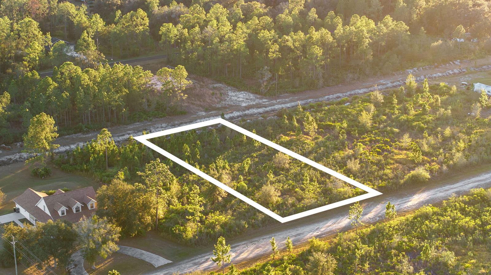An aerial view shows a rectangular vacant lot outlined in white amidst a wooded area — 0 Magnolia Drive, FL 33855, FL