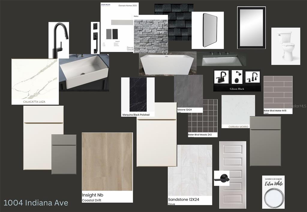 This design mood board displays various interior finishes, including stone tiles, cabinetry samples, plumbing fixtures, and paint colors — 1004 W INDIANA AVENUE, TAMPA, FL