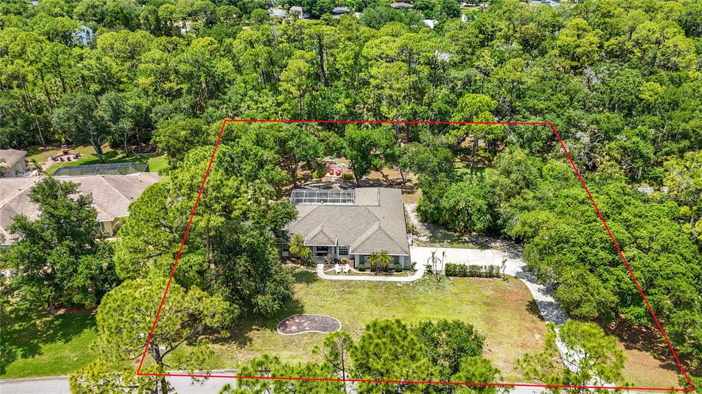 An aerial view shows a single-story house with a pool cage surrounded by dense trees — 610 WOODVIEW WAY, BRADENTON, FL