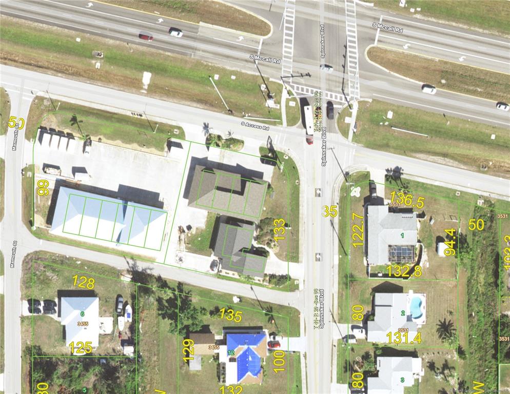 This is an aerial map showing several buildings, parking lots, and roads — 3579 S ACCESS ROAD UNIT D, ENGLEWOOD, FL
