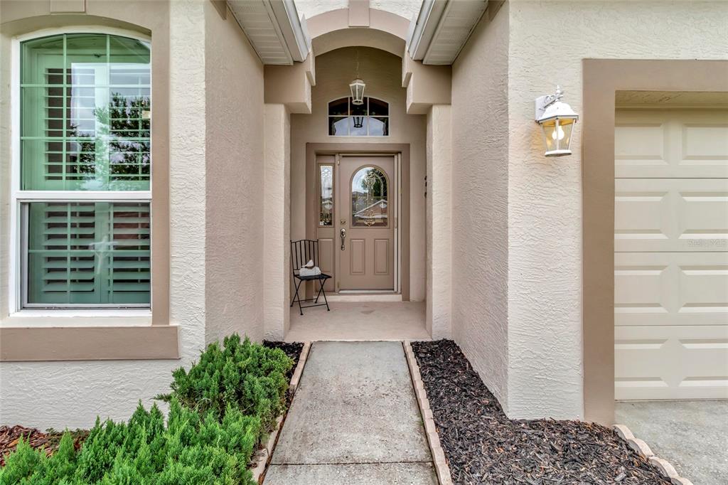 The exterior entrance features a tan front door, a concrete walkway, and a garage door — 3551 CHESSINGTON STREET, CLERMONT, FL
