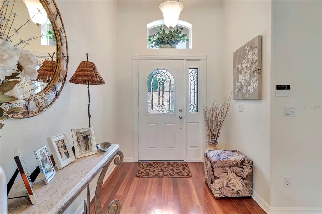 A bright entryway features wood flooring, a white front door with glass, and a console table — 3551 CHESSINGTON STREET, CLERMONT, FL
