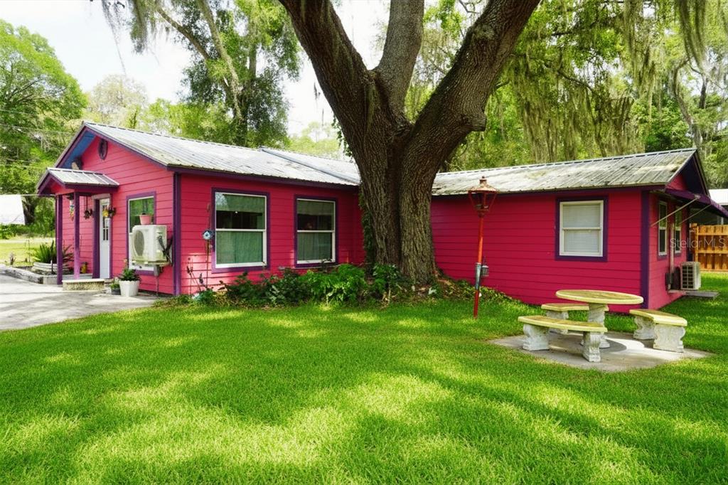 A bright pink house with a metal roof stands next to a large oak tree — 11717 E SALMON DRIVE, FLORAL CITY, FL