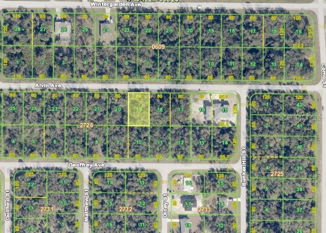 This is a map showing a highlighted vacant residential lot within a platted subdivision — 17175 ALVIN AVENUE, PORT CHARLOTTE, FL