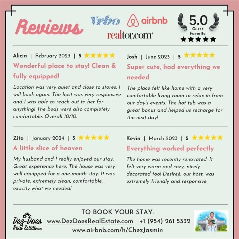 This image displays a collection of four positive guest reviews for a rental property — 2611 NE 20th Street, Pompano Beach FL 33062, POMPANO BEACH, FL