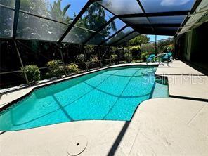 A screened-in swimming pool with a concrete deck and surrounding lush greenery — 4884 MARSH FIELD ROAD, SARASOTA, FL