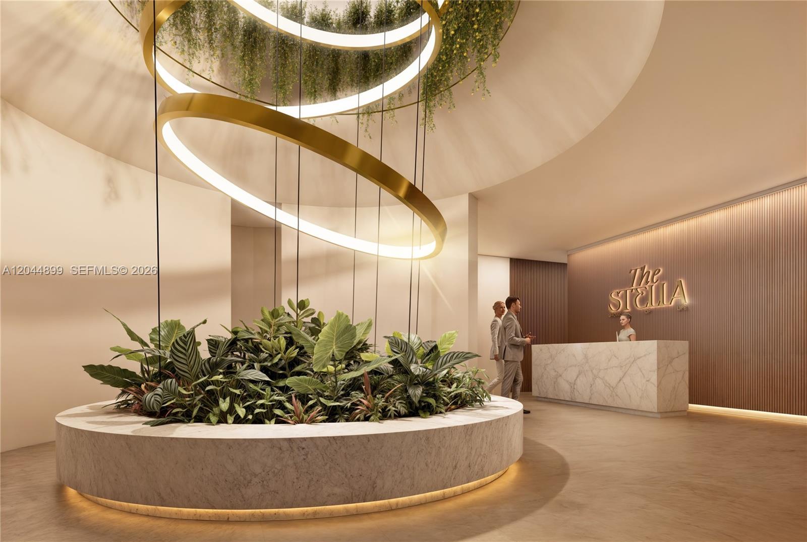 This rendering shows a modern lobby featuring a circular marble planter and hanging ring lights — Calle 10 N Ave. Rafael Melgar # A, TX 77600, TX