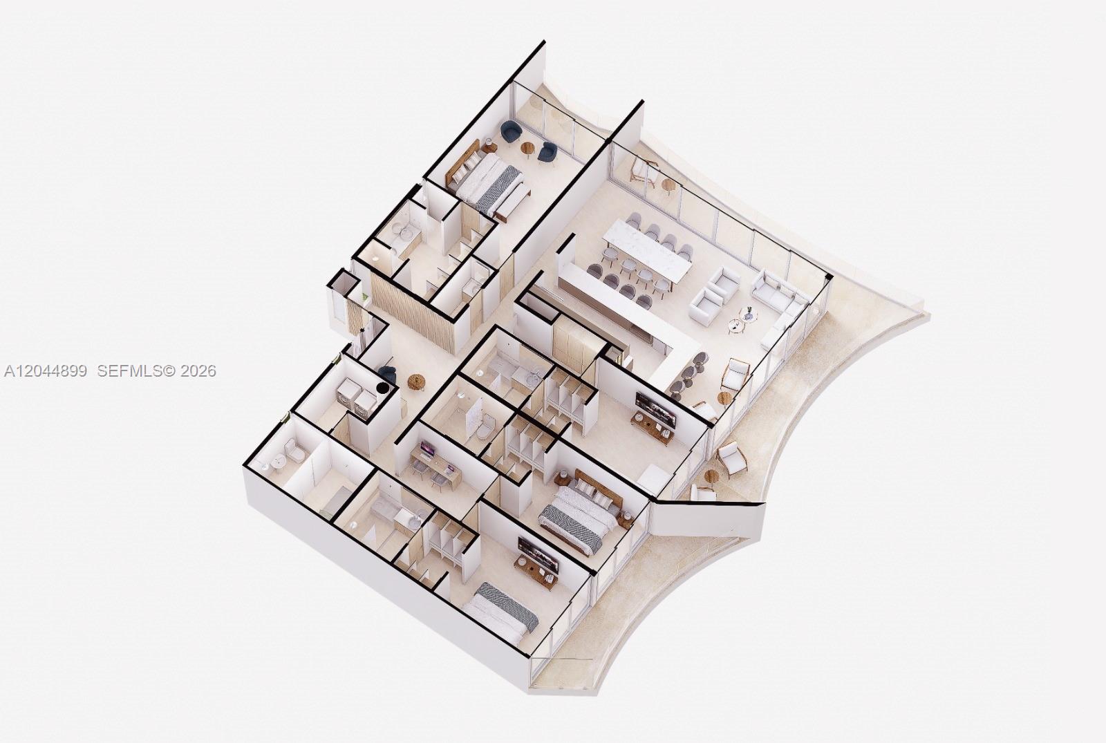This is a 3D floor plan rendering of a modern apartment with multiple bedrooms — Calle 10 N Ave. Rafael Melgar # A, TX 77600, TX