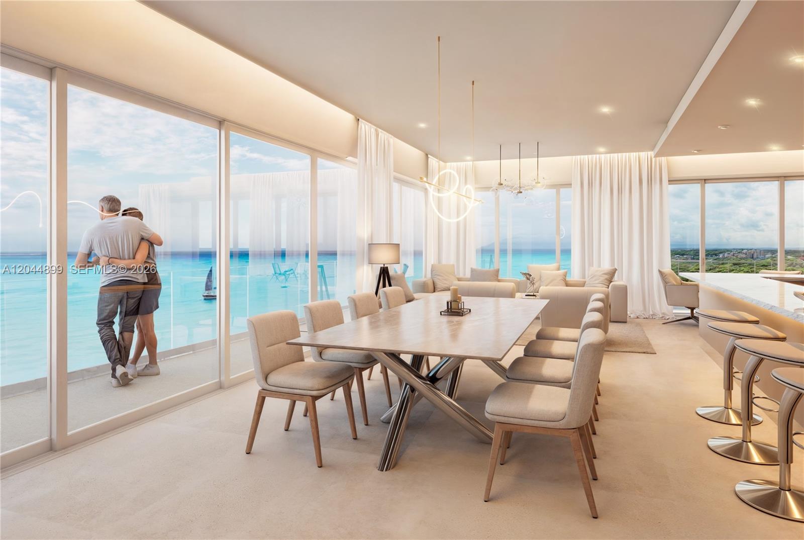 This rendering shows a modern dining area with ocean views and a couple on the balcony — Calle 10 N Ave. Rafael Melgar # A, TX 77600, TX