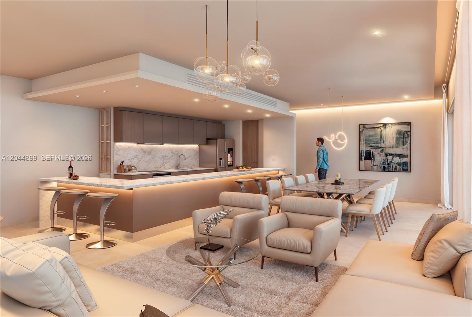 This is a rendering of an open-concept kitchen, dining area, and living room — Calle 10 N Ave. Rafael Melgar # A, TX 77600, TX